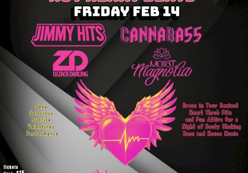 A poster for "Hot Heart Beats" event on February 14. Features DJs, heart-wing graphic, themed dress code, and venue details at Vintage.
