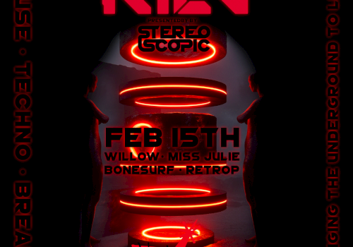 Poster for an event called "KiLN" on Feb 15th, featuring artists including Willow and Miss Julie, with a focus on house, techno, and breaks.