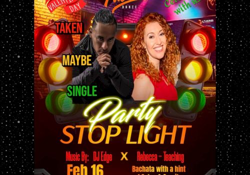 Flyer for a “Stop Light Party” on Feb 16 with DJ Edge and Rebecca, featuring Salsa & Cumbia. Event in Santa Rosa, CA.