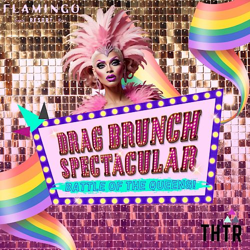 A colorful drag brunch event poster featuring a performer and rainbow accents.