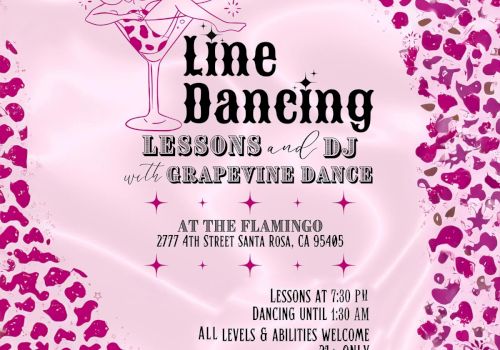 Flyer for line dancing lessons at The Flamingo, San Diego. Lessons start at 7:30 PM, dancing till 1:30 AM, 21+, all levels welcome.