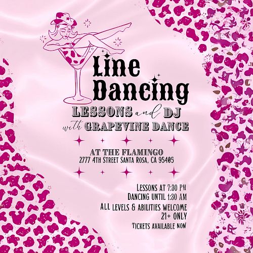 Flyer for line dancing lessons at The Flamingo, San Diego. Lessons start at 7:30 PM, dancing till 1:30 AM, 21+, all levels welcome.