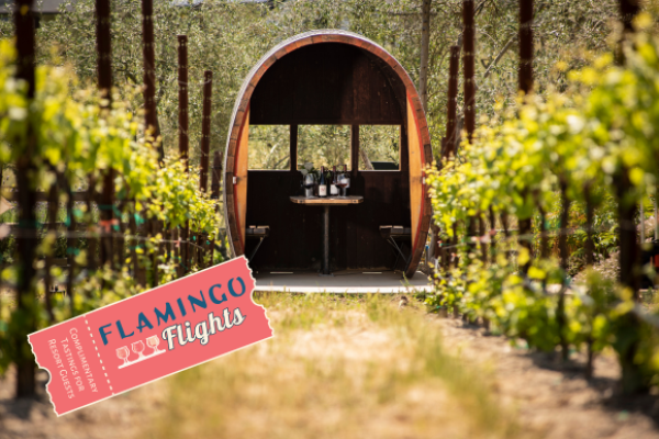 A wine-tasting area with bottles on a barrel surrounded by vineyard rows, featuring a Flamingo Flights ticket graphic.
