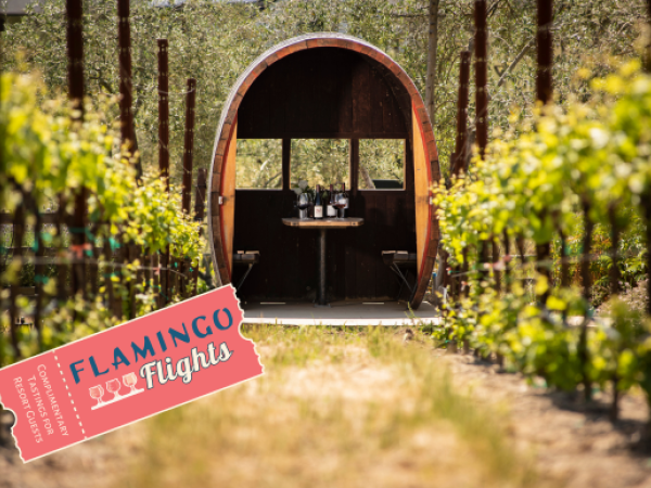 A wine-tasting area with bottles on a barrel surrounded by vineyard rows, featuring a Flamingo Flights ticket graphic.