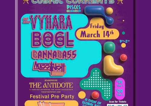This image is a colorful poster for a festival pre-party event featuring artists Vyhara, Boel, Cannabass, and Lazy Neill on Friday, March 14th.