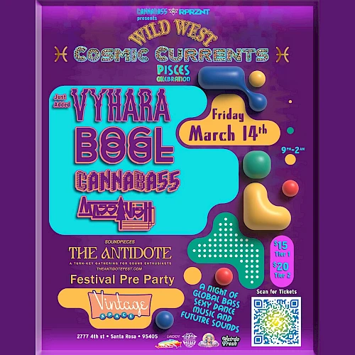 This image is a colorful poster for a festival pre-party event featuring artists Vyhara, Boel, Cannabass, and Lazy Neill on Friday, March 14th.