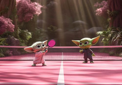 Two small, green, animated characters are playing tennis on a pink court in a forest setting with pink blossoms.