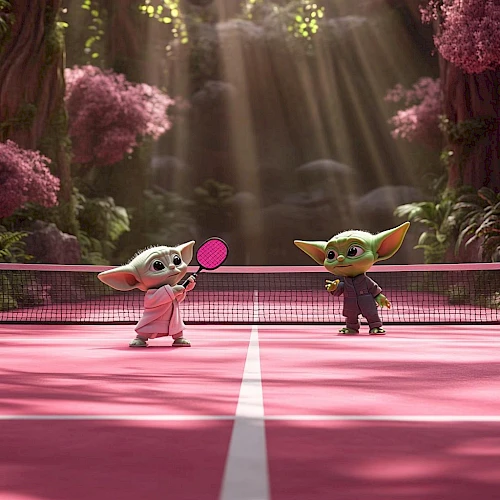 Two small, green, animated characters are playing tennis on a pink court in a forest setting with pink blossoms.