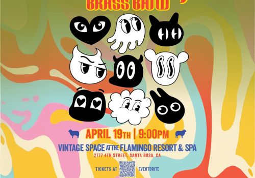 A colorful poster for Black Sheep Brass Band's event on April 19th at Vintage Space, Flamingo Resort & Spa in Santa Rosa, CA.