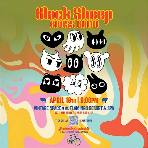 A colorful poster for Black Sheep Brass Band's event on April 19th at Vintage Space, Flamingo Resort & Spa in Santa Rosa, CA.