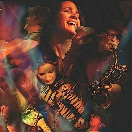 The image shows a vibrant collage of musicians performing with instruments, featuring vivid lights and colors surrounding them.