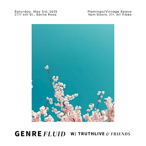 Event poster featuring cherry blossoms against a turquoise sky, with details about a May 3rd, 2025 show in Santa Rosa.