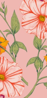 Illustration of orange and pink flowers with green leaves on a pink background, showcasing a botanical design.