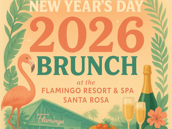 New Year's Day 2026 brunch invitation at Flamingo Resort & Spa, Santa Rosa, featuring a flamingo, brunch items, champagne, and palm leaves.