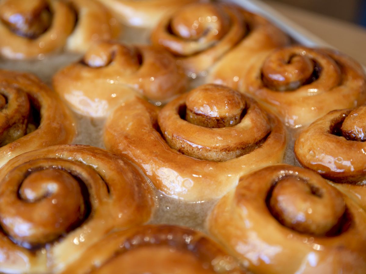 Fresh cinnamon rolls, golden and gooey, filling the tray.