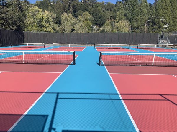 A bright outdoor tennis facility with multiple red courts and blue walkways, netted partitions, and surrounding trees in the background.