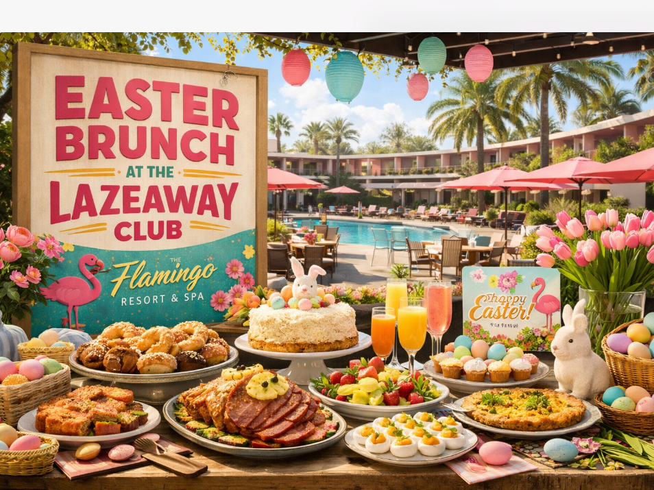 A festive Easter brunch spread by the pool with colorful treats, flowers, and pastel d&eacute;cor, plus a big sign that says Easter Brunch.