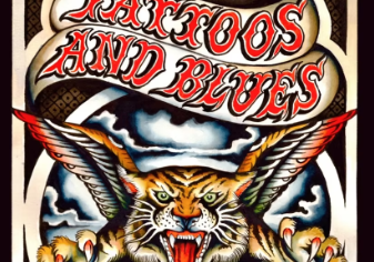 A vintage poster for a &ldquo;Catskills and Blues&rdquo; show, featuring a fierce winged cat creature, bold typography, and February 27&ndash;1 at The Flamingo Resort.