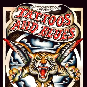 A vintage poster for a &ldquo;Catskills and Blues&rdquo; show, featuring a fierce winged cat creature, bold typography, and February 27&ndash;1 at The Flamingo Resort.