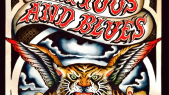 A vintage poster for a &ldquo;Catskills and Blues&rdquo; show, featuring a fierce winged cat creature, bold typography, and February 27&ndash;1 at The Flamingo Resort.