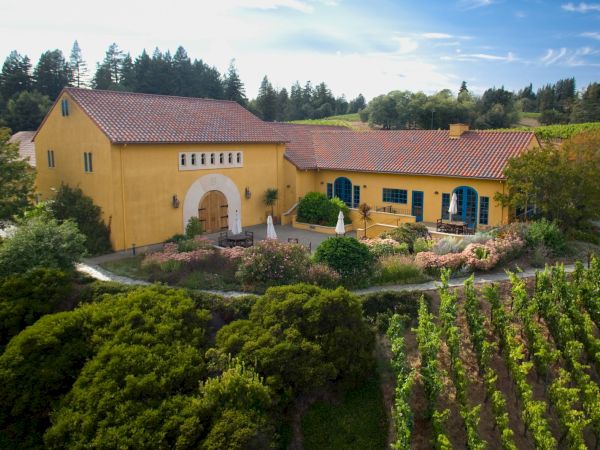 A yellow Mediterranean-style villa with red-tiled roof, blue shutters, a central arched entrance, lush gardens, and surrounding vineyard.