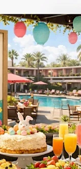 A vibrant poolside Easter Brunch setup at Lazeaway Club, with colorful treats, flowers, balloons, and palm trees, under bright umbrellas.