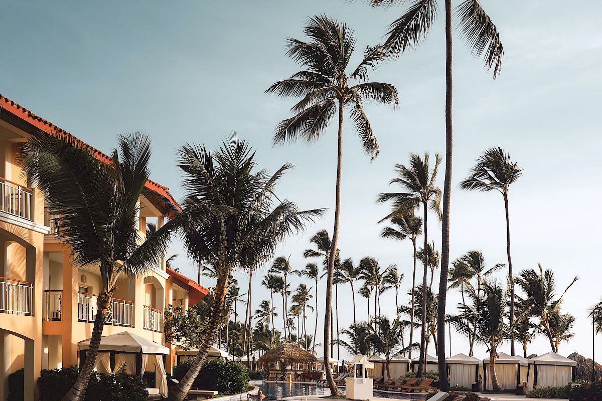 The image shows a resort with a pool, lounge chairs, and tall palm trees under a clear sky, suggesting a tropical vacation setting.